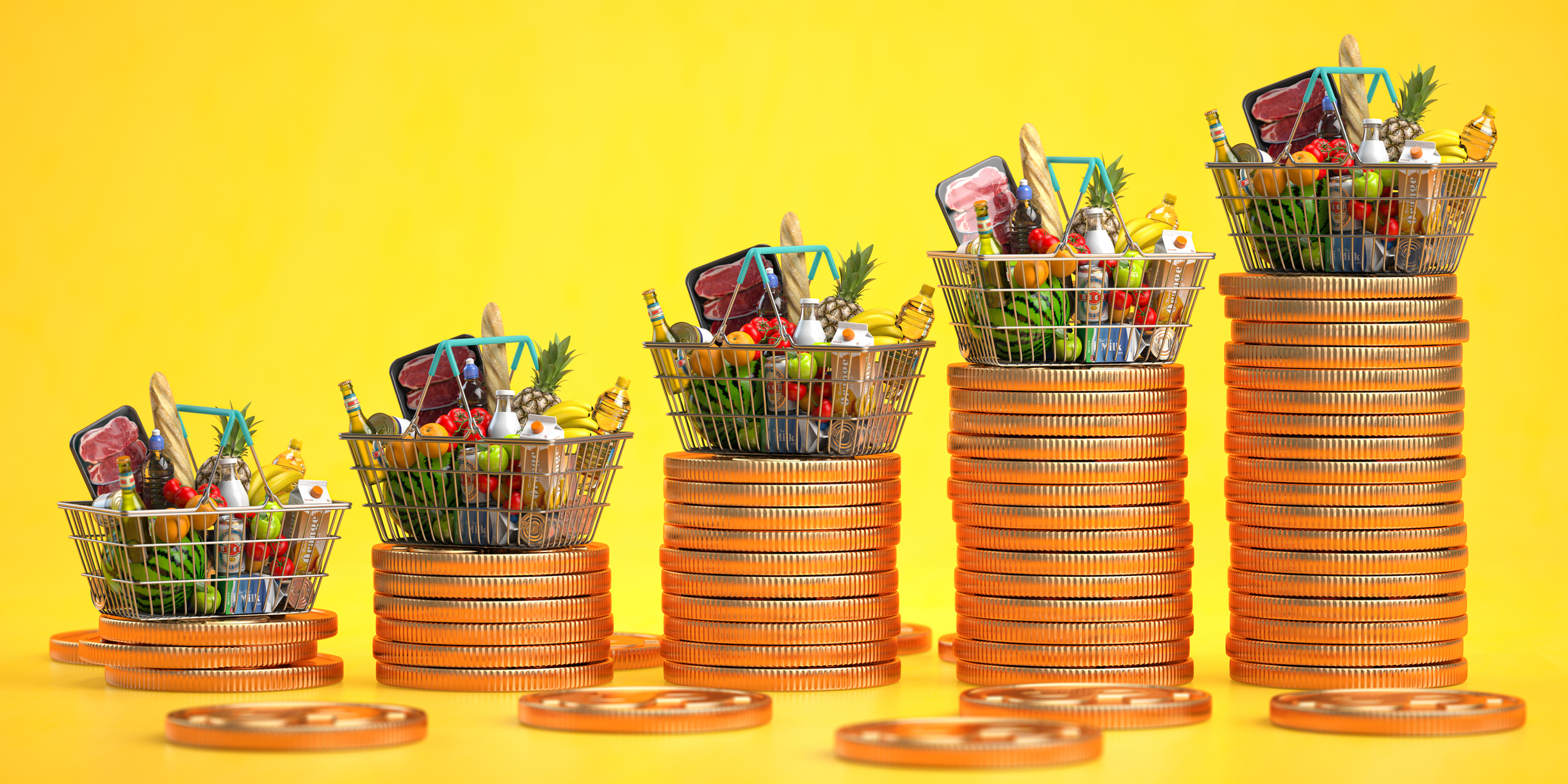 Growth of food sales or growth of market basket or consumer price index concept. Shopping basket with foods with coin stacks on yellow background.