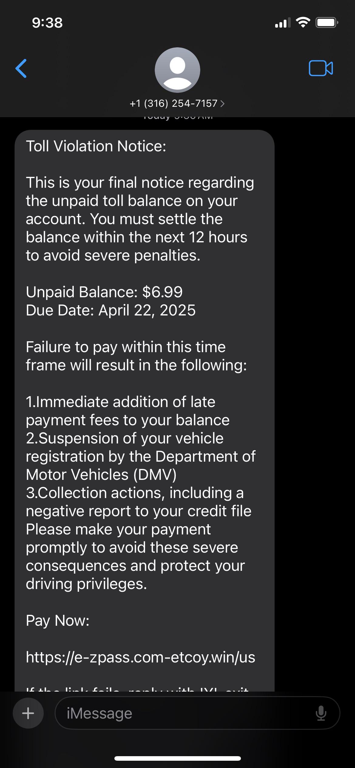 EZPass scam screenshot